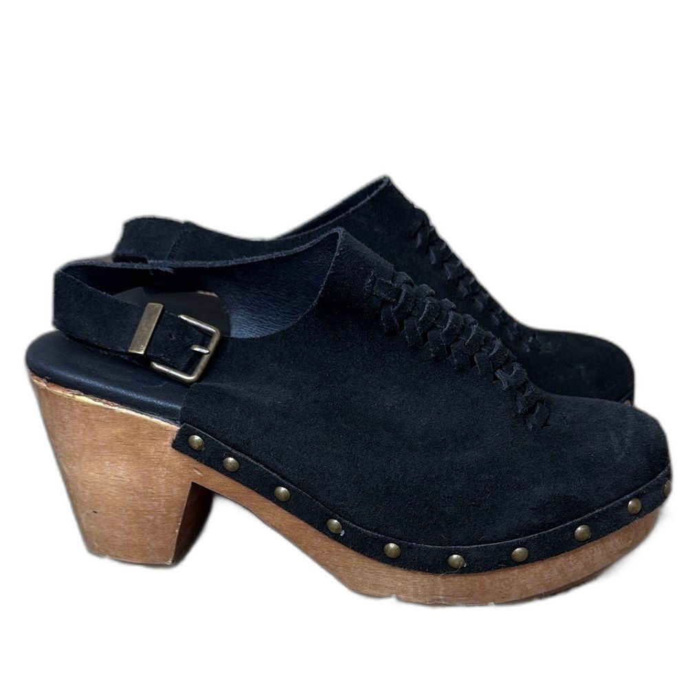 Pilcro Anthropologie Women's Clogs Black Suede Wooden Heel size 8 Boho Festival